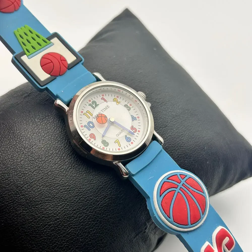 SOLO TIME Silver Tone Basket Ball Sports Blue Silicon 27mm Kids Watch
